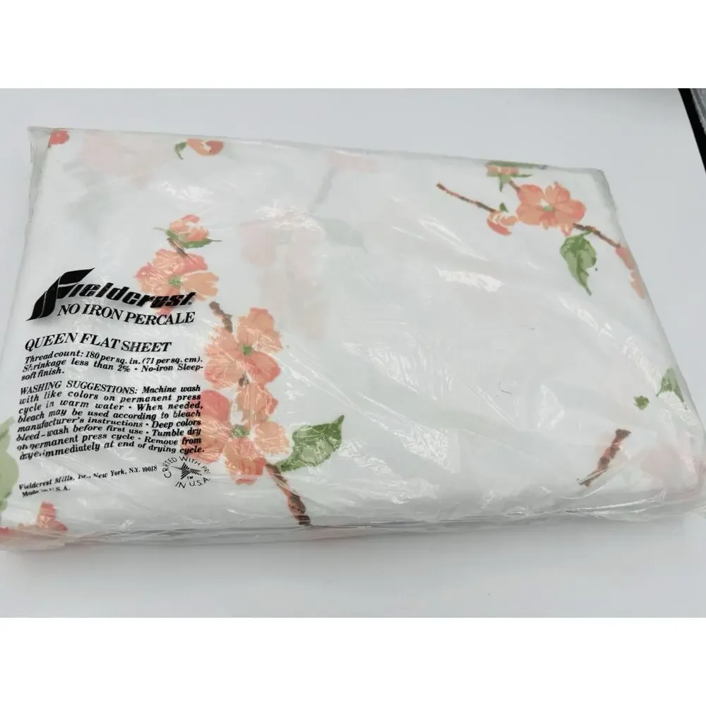 New Vintage Fieldcrest Full Flat Sheet Floral No Iron Percale Made In USA‎